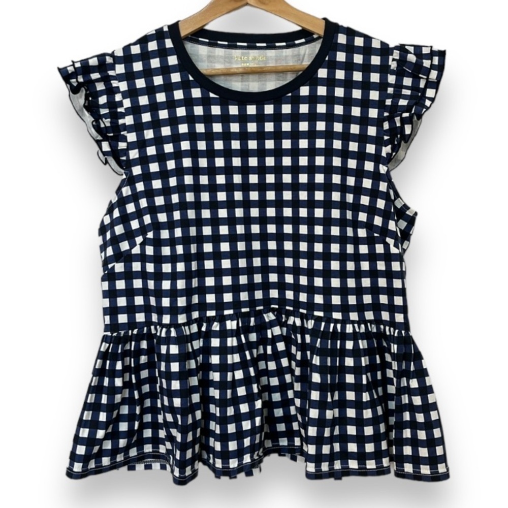 kate spade Navy and White Gingham Ruffle Sleeve Peplum Top